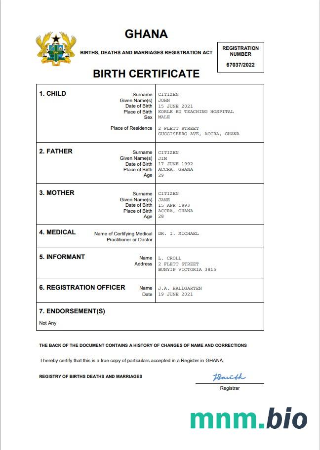 Ghana rekord życiowy narodziny certyfikat Word i PDF szablon